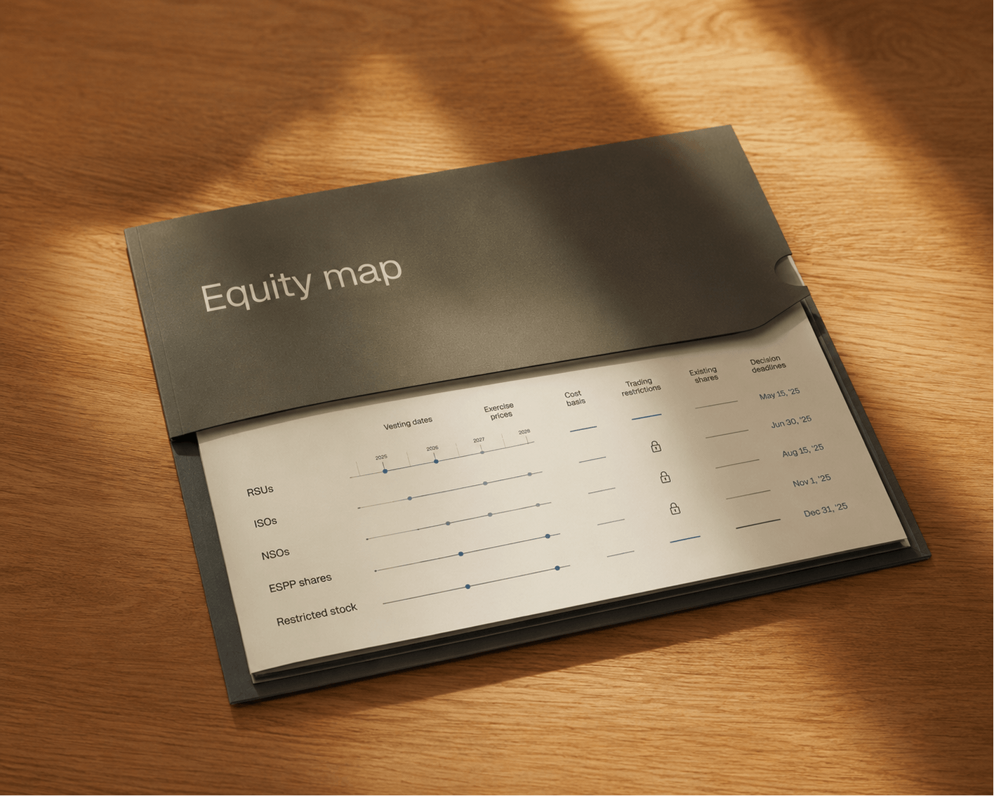 Equity map document showing grants, vesting dates and cost basis